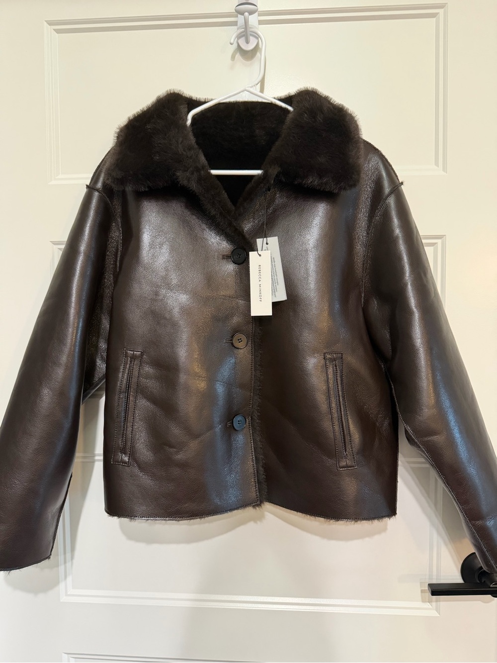 NWT Rebecca Minkoff Faux Leather Shearling Bomber Jacket Brown M